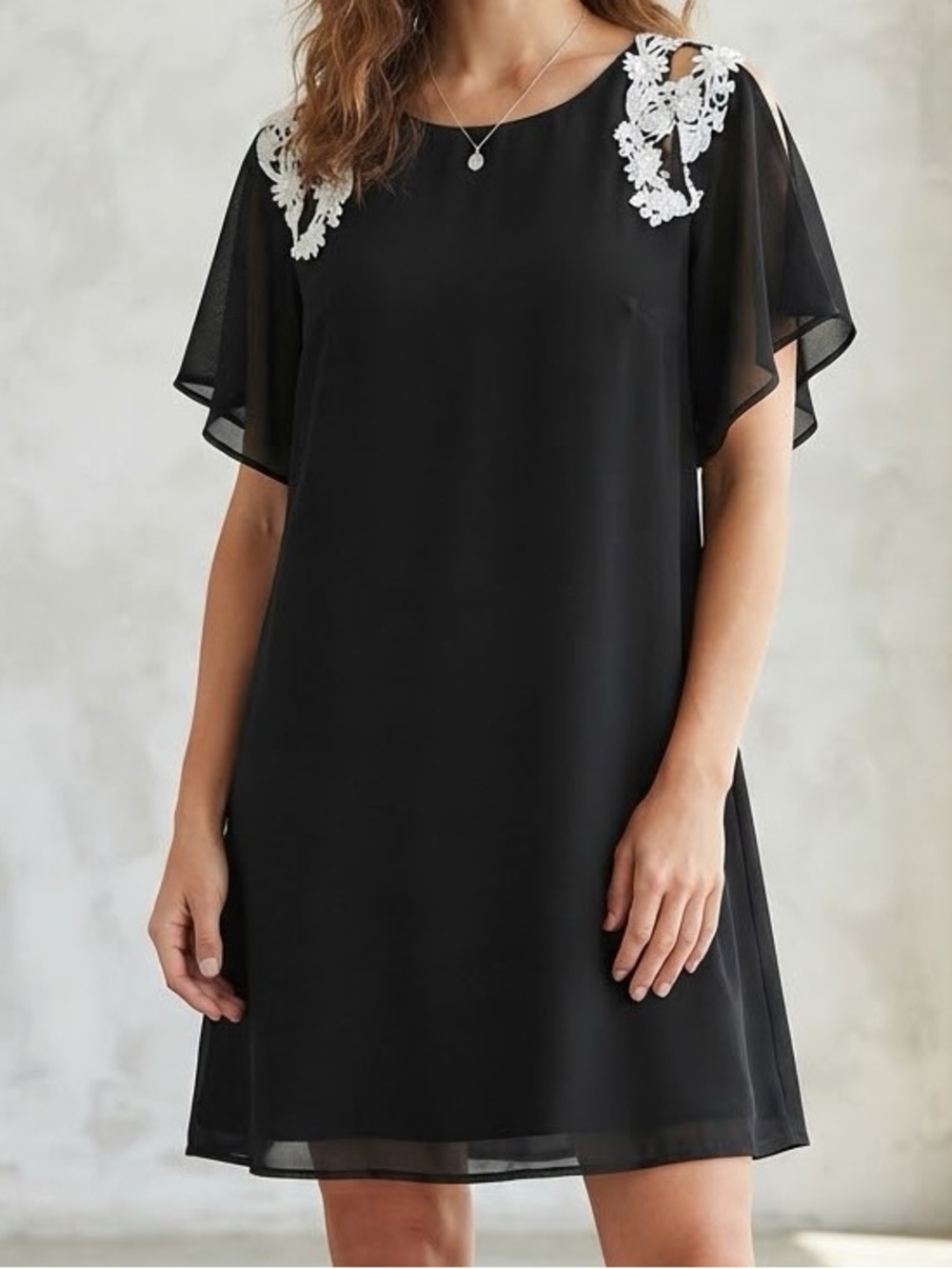 Aofur Dress Womens Summer Chiffon Lace Cold Sleeve Casual Black Lined 3XL NWT